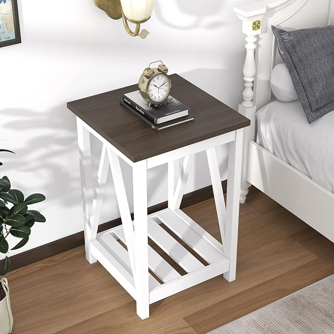 ChooChoo Farmhouse End Table, Rustic Vintage End Side Table with Storage Shelf for Small Spaces, Nightstand Sofa Table for Living Room, Bedroom White 2 Pack