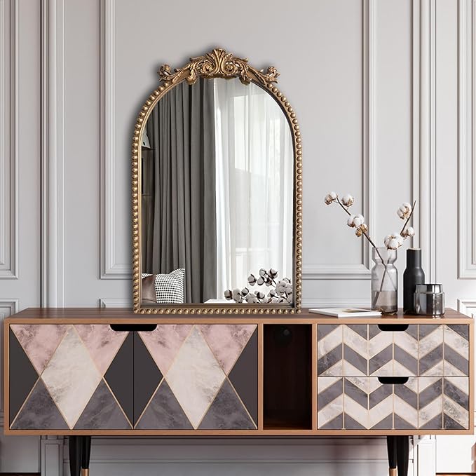 ironsmithn Gold Arched Mirror, 20"x32" Ornate Beaded Frame Mirror, Metal Decorative Accent Mirrors for Fireplace Bedroom Bathroom Living Room Entryway