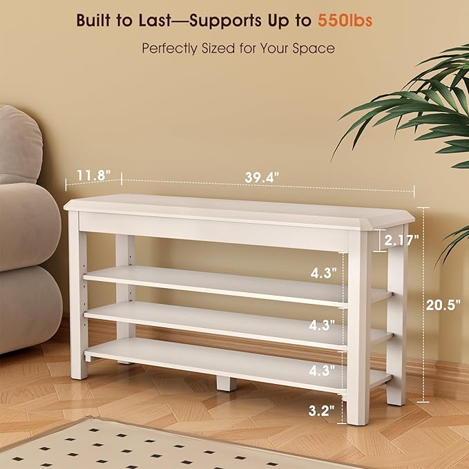 Shoe Rack Bench Seat Rubberwood 3-Tier Wooden Storage Bench 550lbs Compact Mid-Century Modern Design for Entryway, Hallway, Closet, Front Door Entrance, Foyer