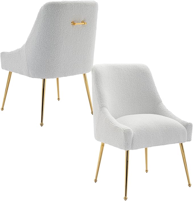 Modern Velvet Dining Chairs Set of 6, Contemporary Upholstered Furniture Collection with Polished Gold Metal Legs, Elegant Accent Chairs for Kitchen Living Room(Teddy Fleece,White)