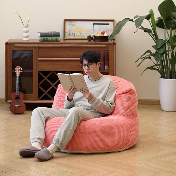 N&V Large Crescent Bean Bag Chair, Adult Size Bean Bag Sack, Foam Filling, Soft Premium Corduroy Bean Bag for Living Room Bedroom Dorm and Office (Salmon)