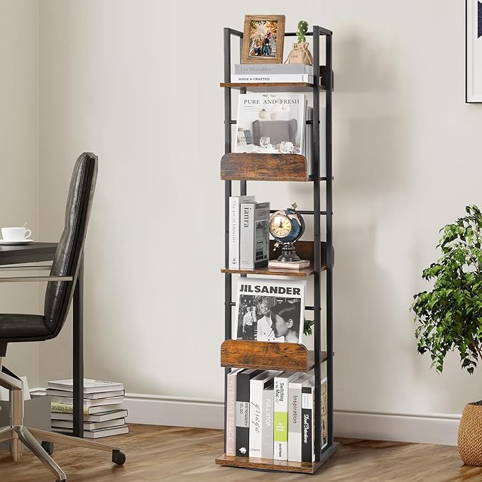 Bikoney Rotating Bookshelf, 360 Display Spinning Bookshelf Tower, 5-Tier Narrow Bookcase, Tall Industrial Book Shelf Organizer, Small Corner Book Shelves for Living Room, Black