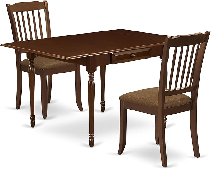East West Furniture MZDA3-MAH-C 3 Piece Kitchen Table Set for Small Spaces Contains a Rectangle Dining Table with Dropleaf and 2 Linen Fabric Upholstered Chairs, 36x54 Inch, Mahogany