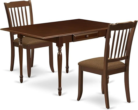 East West Furniture MZDA3-MAH-C 3 Piece Kitchen Table Set for Small Spaces Contains a Rectangle Dining Table with Dropleaf and 2 Linen Fabric Upholstered Chairs, 36x54 Inch, Mahogany