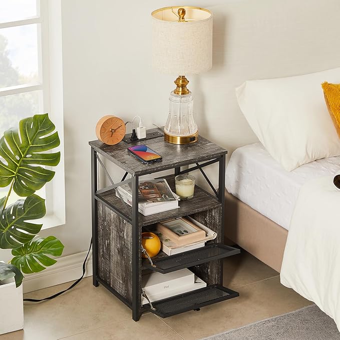 VECELO Oak Gray End Table with USB Ports and Outlets,24 Inch Nightstands with Charging Station and Storage Shelf for Bedroom,Living Room, 1 Set