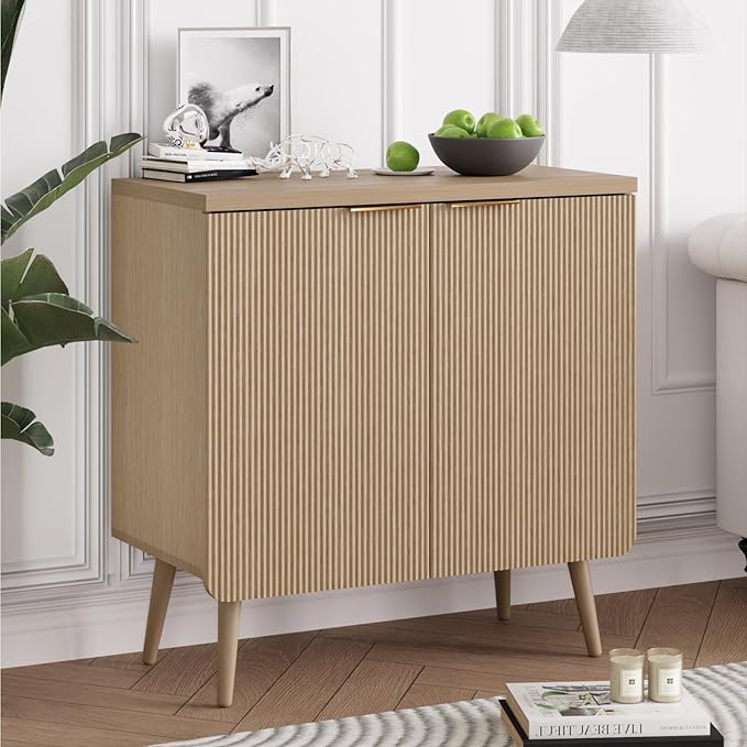 Buffet Cabinet with Storage, Wood Fluted Multifunctional Storage Cabinet with 2 Doors, Sideboard Buffet Credenzas for Living Room, Entryway, Hallway, Natual Oak