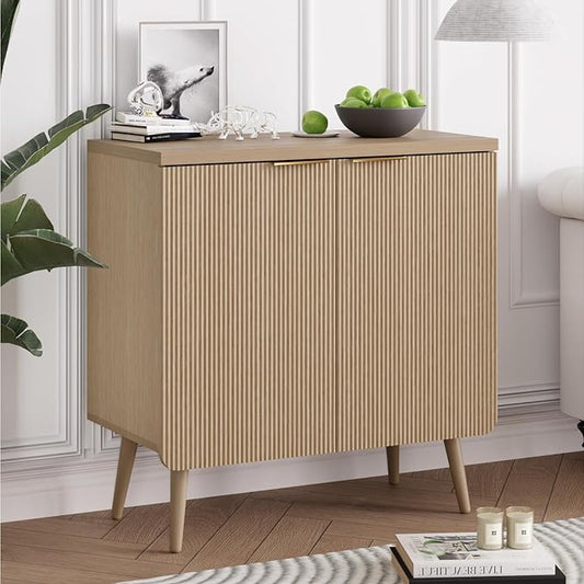 Buffet Cabinet with Storage, Wood Fluted Multifunctional Storage Cabinet with 2 Doors, Sideboard Buffet Credenzas for Living Room, Entryway, Hallway, Natual Oak