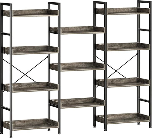 Rolanstar Bookshelf 4 Tiers with 4 Hooks, Triple Bookcase with Open Display Shelves, Industrial Wide Bookshelf with Metal Frame for Living Room, Office, Grey
