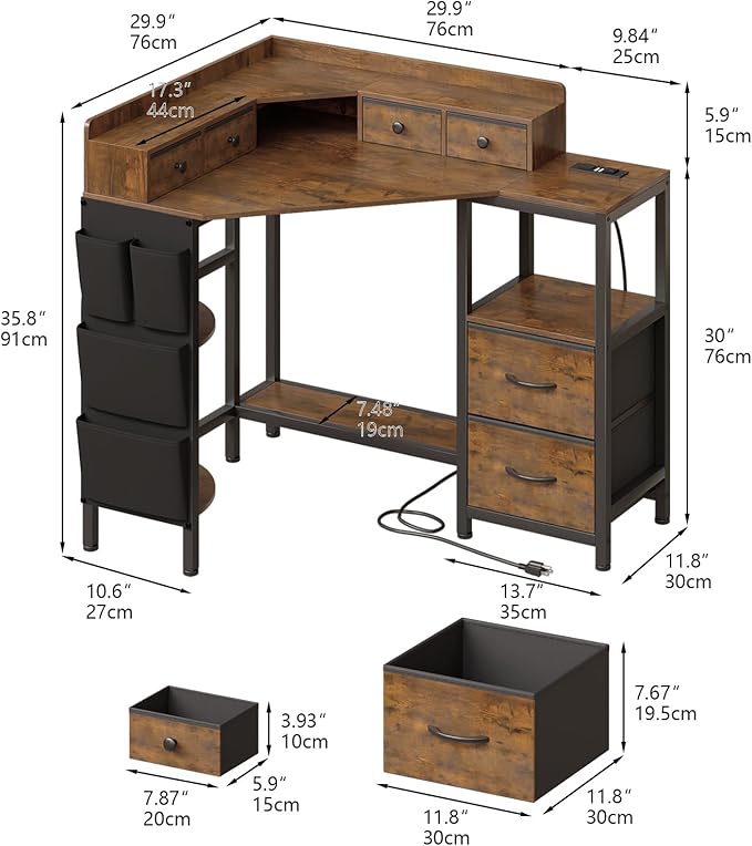 Corner Desk with 6 Fabric Drawers Shelves for Small Space Computer Desk with Power Outlets,Gaming Desk with Printer Monitor Stand Storage for Home Office Workstation Writing Table Brown
