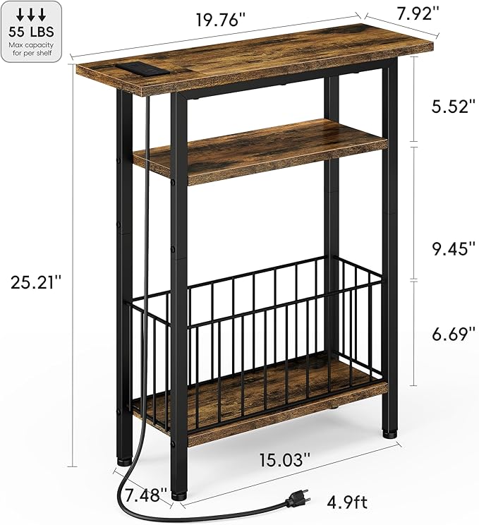 Vagusicc Narrow Side Table with Charging Station, 3-Tier Skinny Side End Table for Couch Sofa, Small End Side Tables for Small Spaces, 25.2" Tall Slim Nightstand for Living Room, Bedroom, Rustic Brown