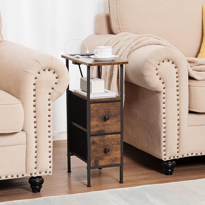 Narrow End Table Living Room with Charging Station, Skinny Side Table with Fabric Drawers, Slim Nightstand for Bedroom, Small Spaces, Couch, Brown, HETNDP02BR-1