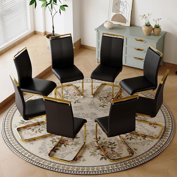 Dining Chairs Set of 8, Faux Leather with Plated Chrome Metal Frame, Modern Kitchen Chairs with Padded Seat High Back for Dining Room, Kitchen, Living Room