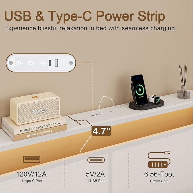 Full Bed Frame with 4 Storage Drawers Bed Frame Full Size with Headboard LED Lights Charging Station Metal Slats Platform Heavy-Duty Support No Box Spring Needed White