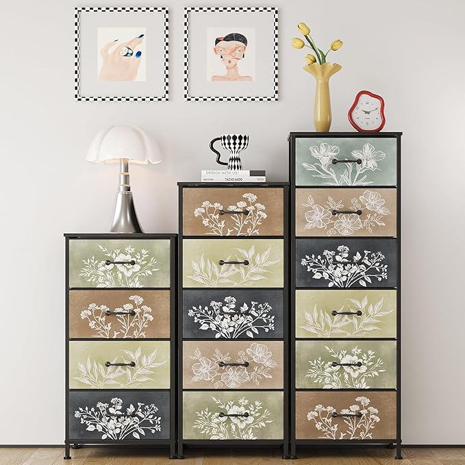 Tohomeor Vintage Dresser Vertical Nightstand with Neutral Botanical Plant Fabric Chest Drawers for Closet Bathroom Storage Tower Unit Bed Side Organizer Farmhouse Rustic (Multi, 6 Drawers)