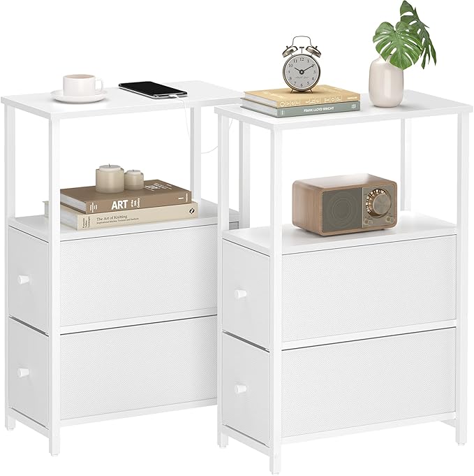 TUTOTAK Small Narrow End Table, Set of 2, Side Table, Nightstand with 2 Cloth Drawers, Couch Table, for Living Room, Bedroom, Bedside, White TB01BW054