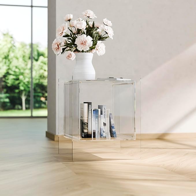 Clear Acrylic Night Stand, 22" Bed Side Table, Clear Acrylic Nightstand Table for Home Decor, Modern Bedroom Night Stand with Open Storage Perfect for Skincare Bags Collectible Figures & Books