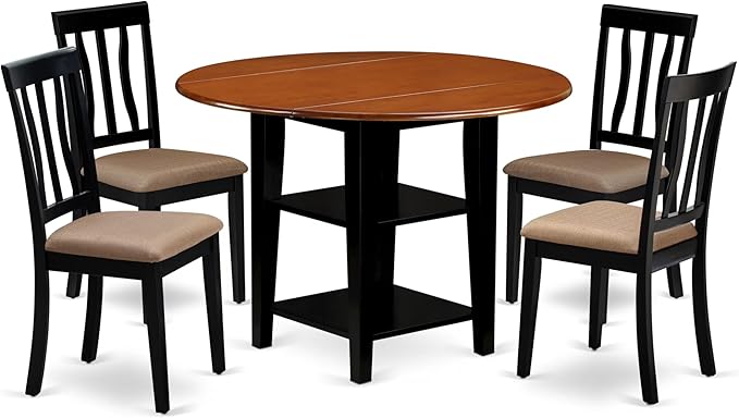East West Furniture SUAN5-BCH-C 5 Piece Kitchen Table & Chairs Set Includes a Round Dining Table with Dropleaf & Shelves and 4 Linen Fabric Dining Room Chairs, 42x42 Inch, Black & Cherry