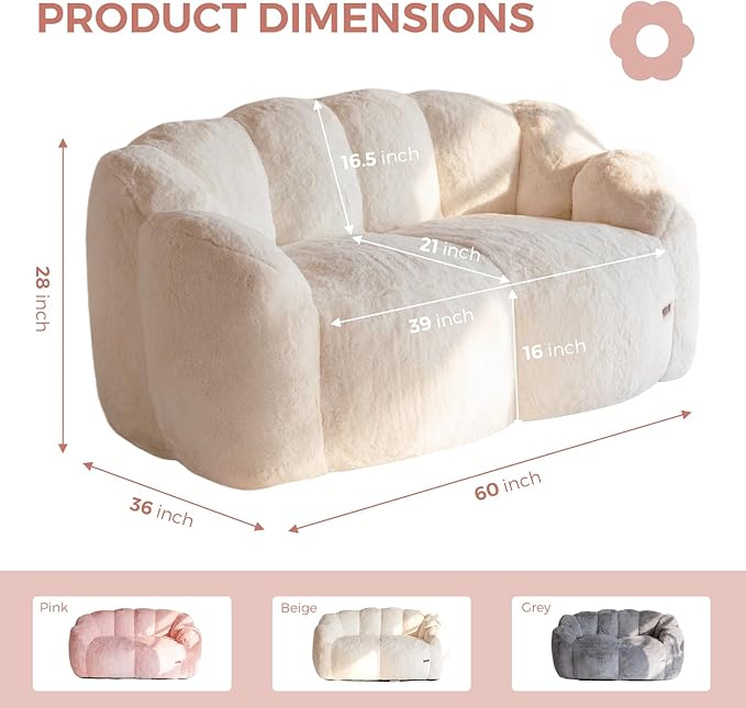 MAXYOYO Bean Bag Chair for Adults, Loveseat Floral Shaped Bean Bag Sofa, Ultra Soft Love Seat Mini Sofa Couch, Faux Fur Reading Chair for Living Room Bedroom, Beige