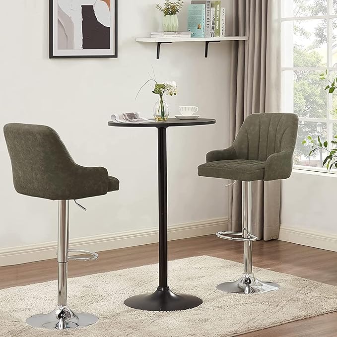 VECELO Bar Stools Set of 2, Adjustable Barstools, Counter Height Stools with Back and Arm, Kitchen Island Stools, Swivel PU Leather Chairs for Pub, Dining Room, Modern Style, Dark Grey