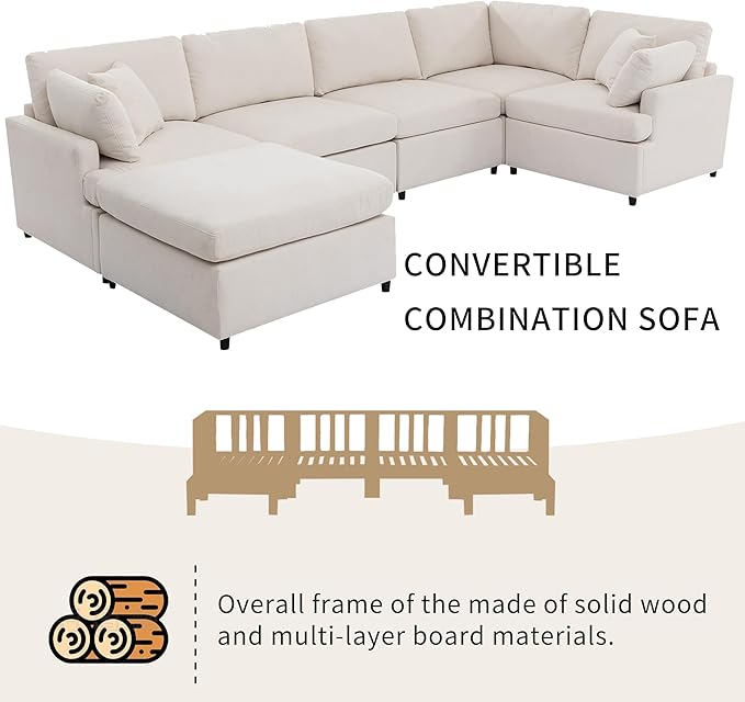 100 Inch U-Shaped Modular Convertible Sectional Sofa with Removable Ottoman and Pillows, Oversized 6 Seater Upholstered Corner Couch for Living Room, Office, Spacious Space, Beige