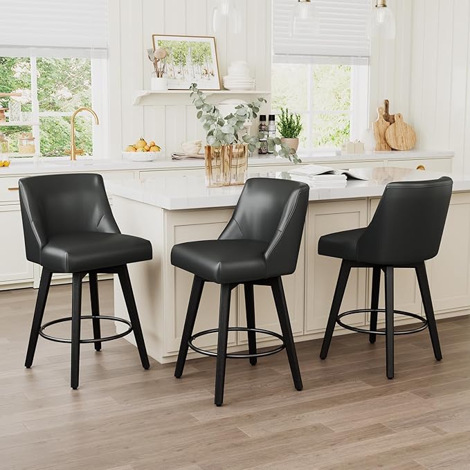 Vipbear Swivel Counter Height Bar Stools Set of 3,26.8" H Counter Stools with Back, Mid Century Modern Bar Stools for Kitchen Island,Faux Leather,Wooden Base, Black