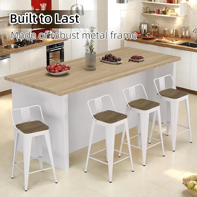 White Bar Stools Set of 4, Metal Bar Stools with Wooden Seat, Modern 24”Counter Height Barstools with Low Back