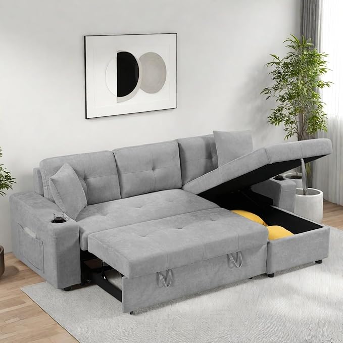 L Shape Pull Out Sofa Bed with Cup Holder, Convertible Sectional Couch with Reversible Chaise Storage, Modular 4 Seat Sofa with Side Pockets, for Living Room, Apartment, Office, Light Gray