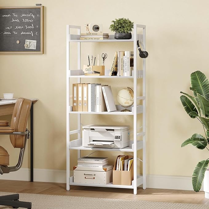 Rolanstar Bookshelf 5 Tier with 4 Hooks, Industrial Bookcase, Vintage Storage Rack with Open Shelves, Rustic Standing Bookshelves Metal Frame Display Rack for Living Room, Bedroom, White