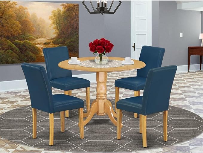 East West Furniture DLAB5-OAK-55 5 Piece Dining Room Furniture Set Includes a Round Dining Table with Dropleaf and 4 Oasis Blue Faux Leather Parsons Chairs, 42x42 Inch, Oak