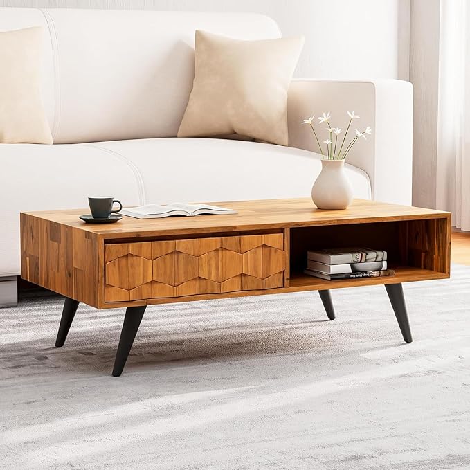 Bme Georgina Solid Wood Coffee Tables for Living Room, Coffee Table Mid Century Modern with 2 Symmetrical Storage Drawers & Geometric Details, Fully Assembled Center Table, Teak Brown