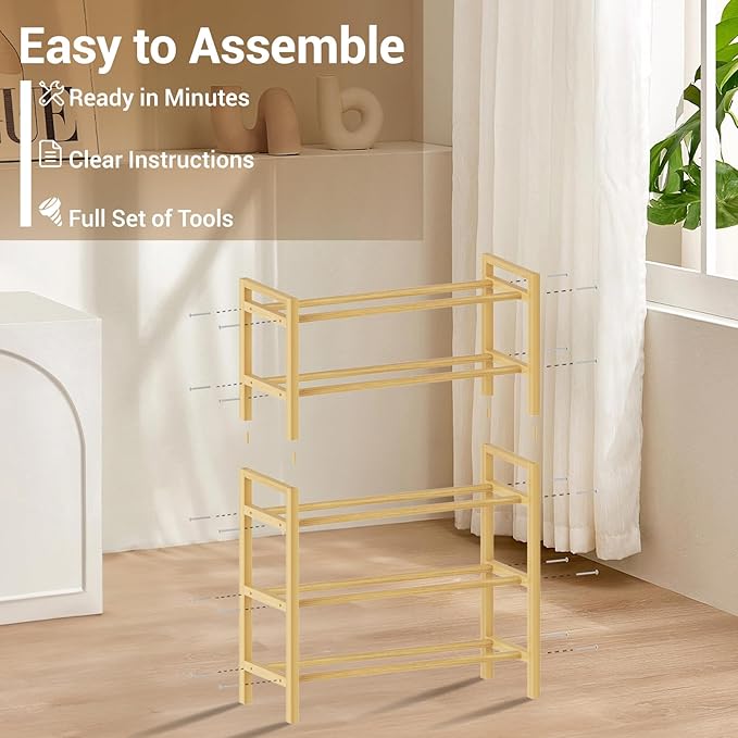 Haddockway Bamboo Shoe Rack for Closet, Free Standing Shoe Organizer with Smooth Round Rods & Convenient Handles, Stackable Shoe Storage Shelf for Entryway, Hallway(Natural, 5-Tier(Small))