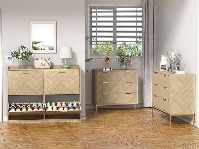 47" Large Shoe Cabinet with 4 Flip Drawers, Freestanding Shoe Storage Cabinet for Entryway, Hidden Shoe Cabinet Organizer with Adjustable Shelf, Narrow Shoe Rack for Entryway, Hallway, Oak