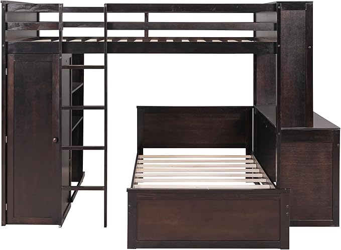 Full Size Loft Bed with Wardrobe Desk and Shelves,Solid Wood Bunk Stand-Alone Platform Bedframe,w/Safety Guardrail,for Kids Teens Adults Bedroom,Espresso