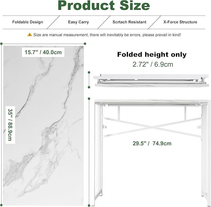 35 inch Folding Small Desk, Writing Gaming Computer Camping Desk for Small Spaces, No Assembly Required Home Office Table, White Marble