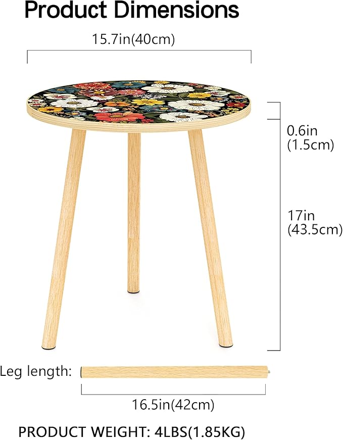 Mandala Round End Table, Small Side Table with Colorful Flowers Finish, Retro Modern Small Coffee Table for Balcony, Living Room(15.7" Dia. x 18.5" H, Colorful, Round)