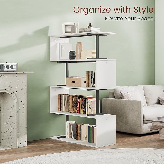 5-Tier Geometric Bookshelf, S Shaped Bookcase, 31.5" W x 58.3" H Wood Decorative Storage Shelving, Modern Freestanding Display Shelves, Tall Book Shelf Unit for Living Room Bedroom