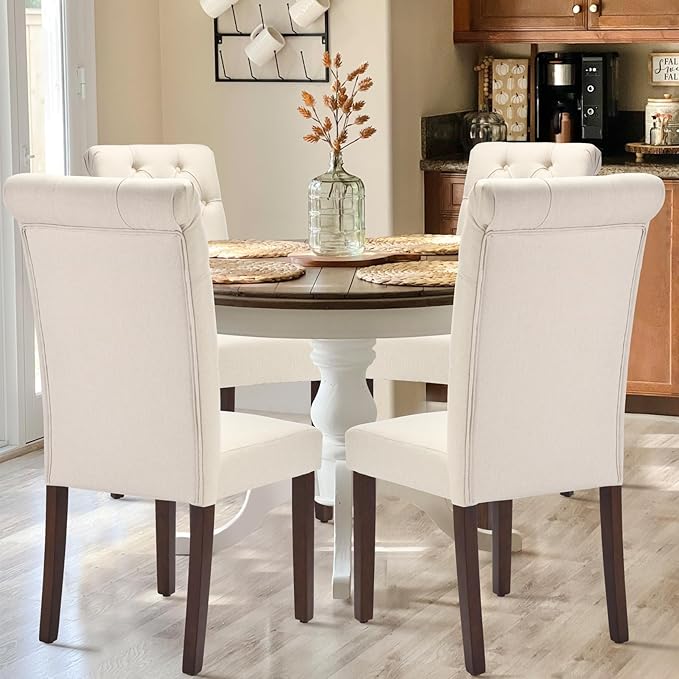 COLAMY Tufted Dining Chairs Set of 2, Accent Parsons Diner Chair Upholstered Fabric Stylish Kitchen Chairs with Solid Wood Legs and Padded Seat, Beige