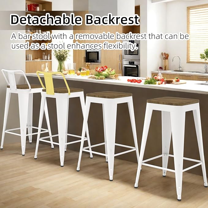 White Bar Stools Set of 4, Metal Bar Stools with Wooden Seat, Modern 24”Counter Height Barstools with Low Back