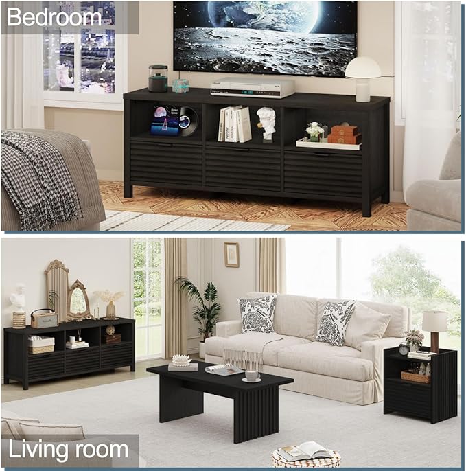 BON AUGURE Black TV Stand, Modern Entertainment Center with Storage Drawers for 65 55 50 in TVs, Wood Fluted Television Media Console Cabinet for Living Room, Bedroom (Black Oak)