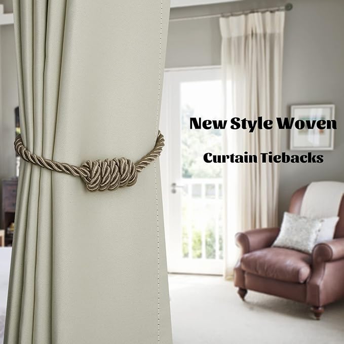 BEL AVENIR Magnetic Curtain Tiebacks, Decorative Drapery Holdbacks Modern Woven Tie-Backs with Exquisite Knot (Flaxen, 6 Pack)