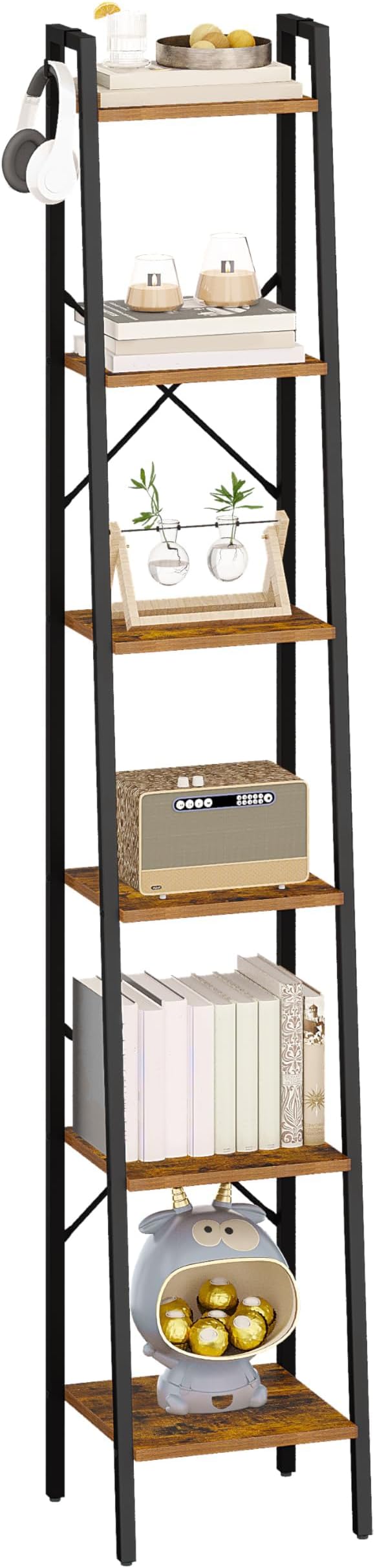 Ladder Shelf, Bookshelf Bookcase, Freestanding Corner Storage Shelve with 2 Hooks for Home Office, Living Room, Kitchen, Bedroom, Industrial, 6-Tier Rustic Brown BC13301B