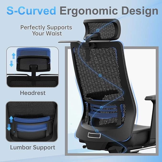 Ergonomic Office Chair, Adjustable Lumbar &Headrest, 3D Armrests, Silent Wheels, 145° Reclining Chair with Footrest, Large Steel Base, 350 LBS Swivel Desk Chair