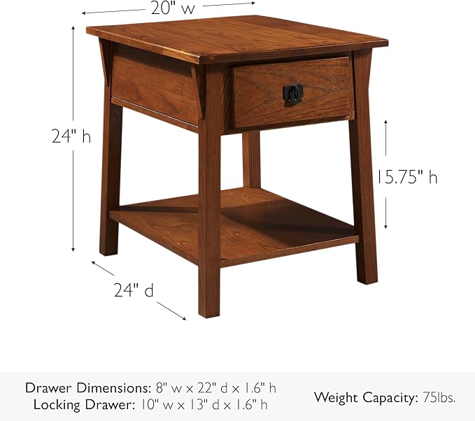 Leick Home Mission End Table, Solid Wood, 1 Storage Drawer, Secret Compartment, Bottom Display Shelf, Easy-Assembly, For Living Room/Bedroom, Russet, 24 in L x 20 in W x 24 in H, 9066-SC