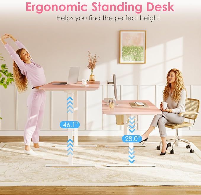 OffiGo Electric Height Adjustable Standing Desk, 40 Inch Pink Computer Desk for Women Girls, Sit Stand Table for Home, Office, Bedroom