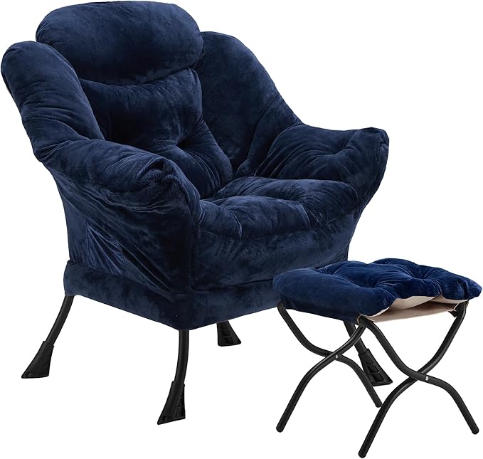 Lazy Chair with Folding Ottoman, Accent Chair Plush Upholstered with Metal Structure and Non-Slip Pads, Sofa Armchair with Footrest and Side Storage Bag for Dorm, Room, Office, Navy Blue