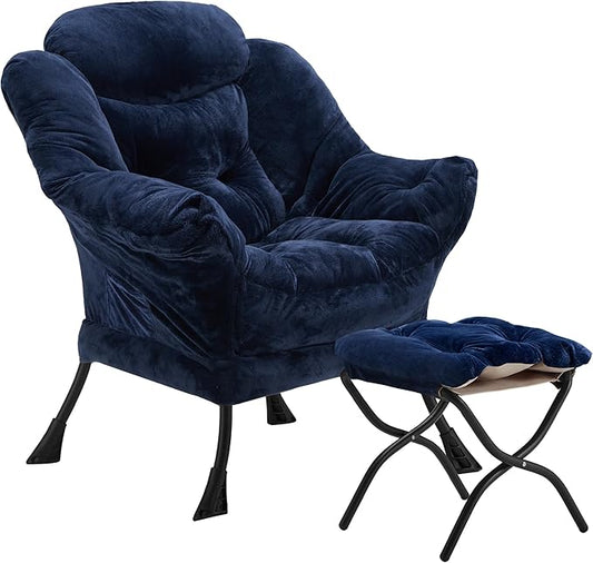 Lazy Chair with Folding Ottoman, Accent Chair Plush Upholstered with Metal Structure and Non-Slip Pads, Sofa Armchair with Footrest and Side Storage Bag for Dorm, Room, Office, Navy Blue