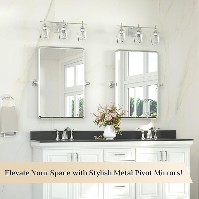 Keonjinn 20 x 30 Inch Tilt Mirror Bathroom, Satin Nickel Metal Pivot Mirror for Bathroom, Silver Beveled Fixed Tilt Mirrors for Over Sink, Modern Tilting Mirrors Wall Mounted (Horizontal/Vertical)
