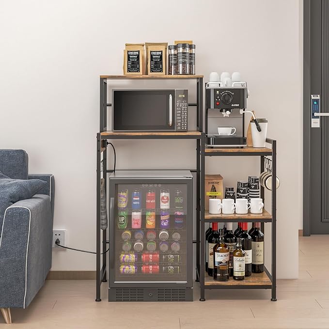 Mini Fridge Cabinet with Storage Shelves, Microwave Stand with Power Outlet, Coffee Bar Cabinet with Mini Fridge Space, Utility Storage Shelf for Home Kitchen Dorm Office
