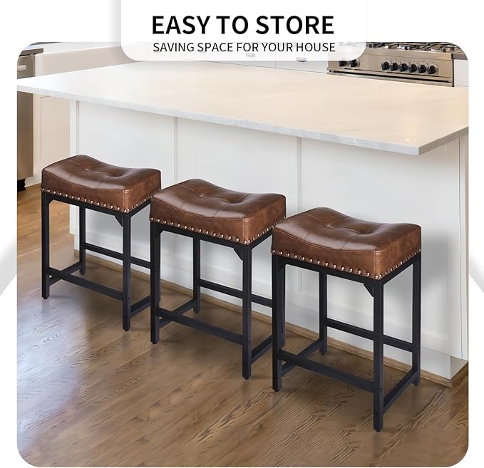 Bar Stools Set of 2, Counter Height Bar Stools for Kitchen Counter, 24 Inch Saddle Barstools Kitchen Stools, Counter Height Stools for Bar, Kitchen, Island-Brown