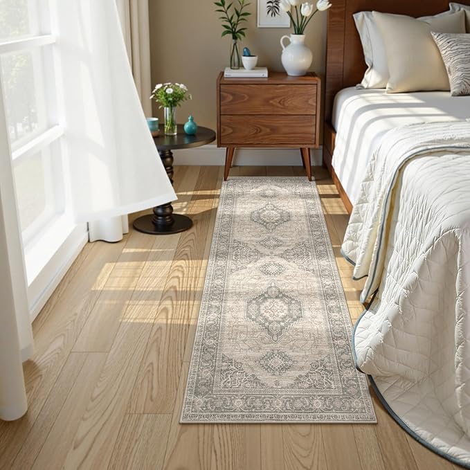 Lahome Oriental Kitchen Runner Rug Non Slip, 2x5 Washable Hallway Runner with Rubber Backing, Vintage Hallway Rug Ultra-Thin Soft Carpet for Bedroom Bathroom, Grey/Brown